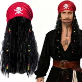 Piraten Kopftuch mit Perücke Herren, Piraten Bandana mit Bart, Schnurrbart und Perlen, Pirate Accessories, Piratenkostüm Zubehör für Halloween Karneval Cosplay