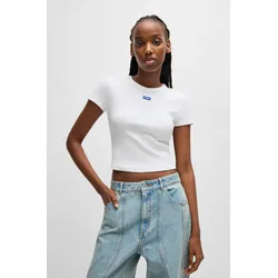 T-Shirt HUGO BLUE "Baby Tee_B", Damen, Gr. XL, weiß, Rippware, Obermaterial: 96% Baumwolle, 4% Elasthan, unifarben, casual, slim fit bauchfrei, Rundhals, Kurzarm, Shirts, in verkürzter Länge