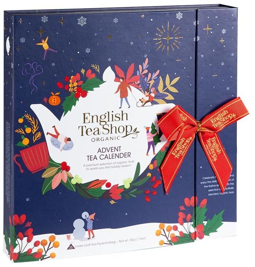 ETS - Teebuch Adventskalender mit Schleife "Christmas Night", 25 Boxen mit BIO-Tees in hochwertigen Pyramiden-Teebeuteln