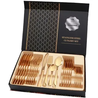 rismart 24 Teile Edelstahl Besteck Set Einschließen Messer, Gabel, Suppenlöffel und Kaffeelöffel für sechs Personen,Gold