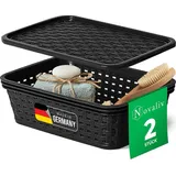 Novaliv 2er Set Eleganter Aufbewahrungskorb mit Deckel in Rattan-Optik | Schwarz Lebensmittelecht Kunststoff 1L – Perfekt für Bad & Kleidungsauf...