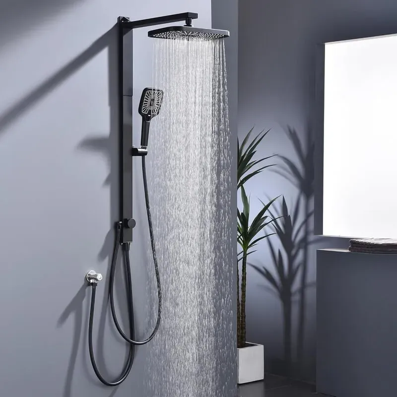 HOMELODY Regenbrausesystem, ohne Armaturen, schwarze Handbrause mit 3 Funktionen, großer quadratischer Duschkopf, Regenwalddusche, höhenverstellbare Duschstange von 950-1180 mm