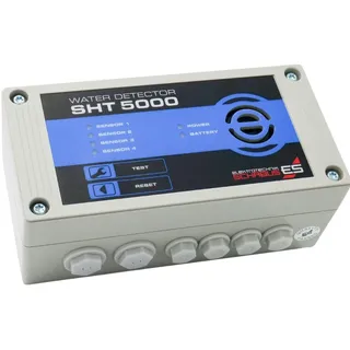 SCHABUS SHT 5000 Profi-Wassermelder 230 V Leckage Melder mit 4 Meldelinien, Akustisch & Optischer Alarm, Relaisausgang, für Keller, Zisterne, Technikraum, 9V Batterieüberbrückung bei Stromausfall