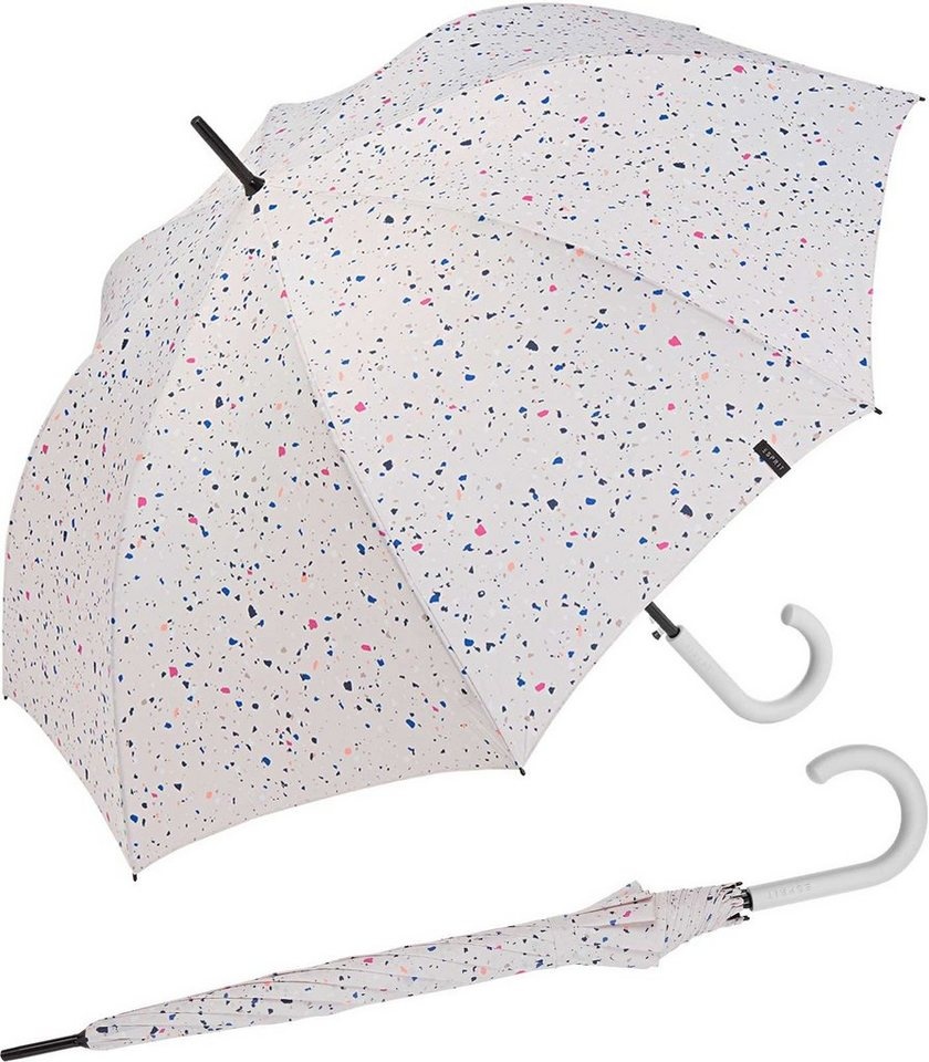 Esprit Langregenschirm Damen Auf-Automatik - Terrazzo Dots - weiß, groß, stabil, mit verspieltem Sternenmuster bunt