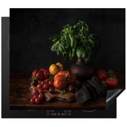 MuchoWow Herdblende-/Abdeckplatte Stilleben – Tomaten – Basilikum – Gemälde – Gemüse – Schwarz, Vinyl, (1 tlg), 59×51 cm, Induktionsschutz, Induktionskochfeld, Ceranfeldabdeckung bunt 59 cm x 51 cm x 0.3 cm