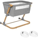 Skiddoü Babybett Natt 3in1 Beistellbett Reisebett Zustellbett, freistehendes Babybett für Kleinkinder, höhenverstellbar, zusammenklappbare leichte Aluminium Konstruktion, grau, holzfarbe