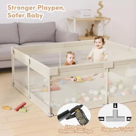 julrrimg Laufstall Baby 175x150 cm – Großer Baby Laufgitter XXL Sicherheitsspielplatz Kinder mit Netzdesign, ideal für den Innenbereich, Beige,