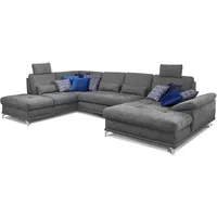 Cavadore Wohnlandschaft Castiel mit Federkern / Großes U-Form-Sofa mit Schlaffunktion, Sitztiefenverstellung und Kopfstützen / 368 x 114 x 232 / Webstoff, Grau