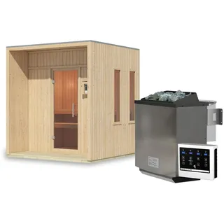 Karibu Design Saunahaus Arcadia Blackline - 73 mm naturbelassen Inkl. Terrasse 9 kW Bio-Kombiofen inkl. Steuergerät