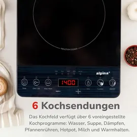 Alpina Elektrische Induktionskochfeld 1-Platte 2000W – Elektrische Herdplatte mit Timer und Kindersicherung – Freistehendes Kochfeld – Indukt... - Schwarz
