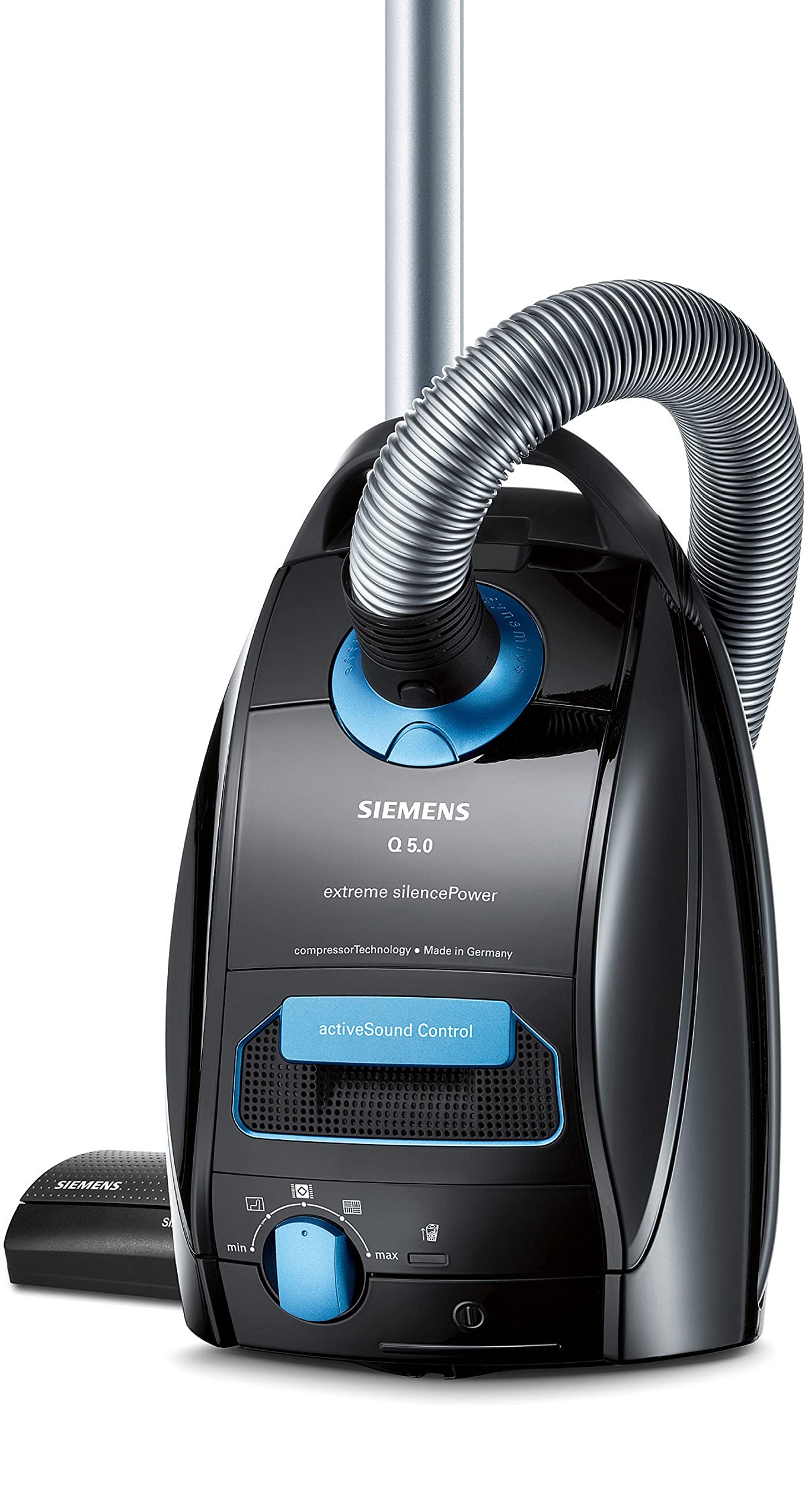Siemens Staubsauger mit Beutel Q5.0 extreme silencePower VSQ5X1230, ideal für Allergiker, Hygiene-Filter, starke Saugleistung, Bodendüse für Parkett, Teppich, Fliesen, langes Kabel, 850 W, schwarz