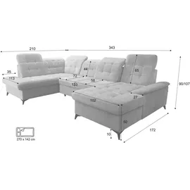 robin inspire Robin Ecksofa Mit Schlaffunktion 2 Bettkasten U Form Sofa Eckcouch Schlafcouch Freistehend Verstellbare Sitztiefe Rückenhöhe Neo 343 x 21... - Weiß