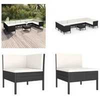 vidaXL 11 tlg. Garten Lounge Set mit Auflagen Poly Rattan Schwarz - Garten-Sofagarnitur - Garten-Sofagarnituren - Gartensofa-Set - Gartensofa-Sets - Schwarz