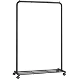 Songmics Kleiderständer, Kleiderstange auf Rollen, Garderobenständer Metall, Rollgarderobe 91 cm breit, mit Ablage, 2 Rollen mit Bremse, Stange bis 40 kg belastbar, schwarz