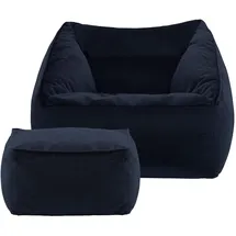 I.C.O.N. Icon Natalia Sitzsack Sessel mit Hocker für Erwachsene, Dunkelblau, Flauschiger Samtstoff, Riesen Sitzsack Samt mit Füllung, Bean Bag Chair, Bequemer Sessel Wohnzimmer, Lounge, Schlafzimmer, Büro