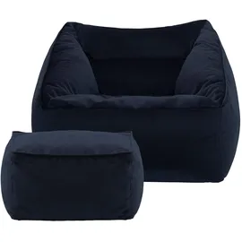 I.C.O.N. Icon Natalia Sitzsack Sessel mit Hocker für Erwachsene, Dunkelblau, Flauschiger Samtstoff, Riesen Sitzsack Samt mit Füllung, Bean Bag Chair, Bequemer Sessel Wohnzimmer, Lounge, Schlafzimmer, Büro