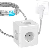 Steckdosenwürfel, Steckdosenleiste, Mehrfachsteckdose, Steckerleiste, 5-Fach Power Strip, Mehrfachsteckdosen mit Flachstecker - 2.5m Kabel - Weiß
