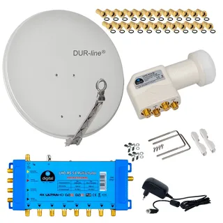 DUR-line Select 8 TEILNEHMER / 1 SATELLIT - DIGITAL SAT ANLAGE: 75/80cm ALU Sat-Schüssel Hellgrau + 0,1dB LNB Weiß Full HDTV 4K + PMSE Multischalter 5/8 + 25 Vergoldete F-Stecker gratis dazu