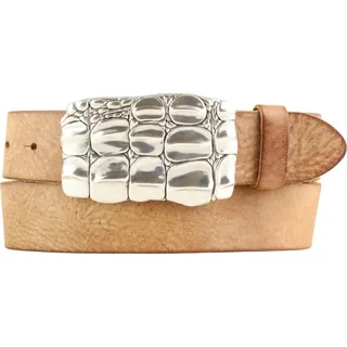 Gürtel mit besonderer Gürtelschnalle aus weichem Vollrindleder 4 cm Used-Look | Druckknopf-Gürtel mit Krokodil-Buckle 40mm | Vintage-Look | Tabac 90cm - 90 cm (Gesamtlänge 105 cm)