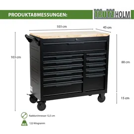 Trutzholm Werkstattwagen Star XL bestückt 103 x 112 cm Stahl Hartholzarbeitsplatte 12 Schubladen schwarz/grau