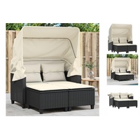 vidaXL Gartensofa 2-Sitzer mit Dach und Hockern Schwarz Poly Rattan