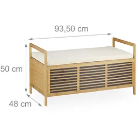 Relaxdays Sitzbank mit Stauraum, Aufbewahrungsbox m. Sitzkissen f. Flur, Bambus Truhe L HxBxT: 50 x 93 x 48 cm, natur