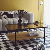 sweeek Vintage Couchtisch aus schwarzem Metall mit 2 Platten (Glas und Holzdekor), abgerundete Kanten - Smooky