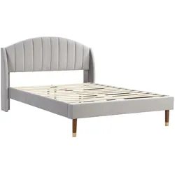 Merax Polsterbett 140x200 Ohrform Doppelbett aus Samt mit Kopfteil & Lattenrost Grau