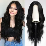 WOKESTAR Lange Schwarze Wellige Perücken für Frauen, Lockige Perücke mit Mittelscheitel, Hitzebeständige Faserperücke für den Täglichen Gebrauch