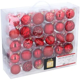 giftsome 60 Weihnachtskugeln Set - Christbaumkugeln Rot - Weihnachtsbaum Deko - Christbaumschmuck - Weihnachtsbaumkugeln - Für den Innen- und Außeneinsatz - Kunststoff