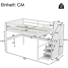 XDOVET Hochbett Kinderhochbett 140 x 200 cm Kiefer massiv lackiert weiß