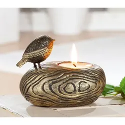 GILDE Poly Teelichthalter Vogel Woody schwarz, gold gewischt
