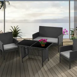 SVITA BROOKLYN XL Rattan Essgruppe Garten Möbel Set mit Tisch, 2 Sessel, 2er Sofa Schwarz