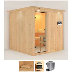 Sauna KARIBU "Rodin", beige (naturbelassen), Bio-Kombiofen, externe Steuerung, 9 kW, Saunen, 9-kW-Bio-Ofen mit externer Steuerung