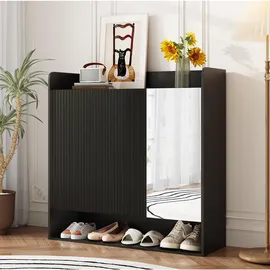Okwish Schuhschrank 110 x 110 x 35,5 cm mit Ganzkörperspiegel und verstellbaren Einlegeböden / Schwarz