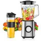 Standmixer, Smoothie Maker, 700W Blender, Mixer Smoothie Maker Combo 1,5L Glasbehälter mit 570ml Reisebecher, 2 Geschwindigkeitsstufen und Impulsfunktion für Smoothies Shakes Frozen Drinks Saucen