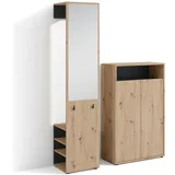 byLIVING Garderoben-Set Lyon/Weiß oder Artisan Eiche kombiniert mit Schwarz/Hochschrank mit Spiegel/Schuhschrank/B 40, H 185, T 35 cm, B 70, H 115, T 33,5 cm