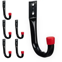 Relaxdays Wandhaken, 6er Set, Universalhaken für Gartengeräte, Werkzeug Wandhalterung, Stahl, je bis 18 kg, schwarz/rot