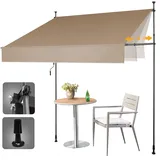 HOMEDEMO Klemmmarkise Markise Balkon ohne Bohren, 150cm x (120-150) cm Khaki, Upgrade Patent mit Verlängerten Einziehbaren Seitenstangen, UV-beständig Balkonmarkise höhenverstellbar Sonnenschutz