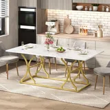 Flieks Rechteckiger Esstisch Küchentisch für 8-10 Personen, Esszimmertisch in Marmoroptik, 200x80x76cm, Tisch mit Golden Metallbeinen, Weiß - Weiß