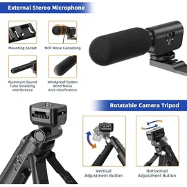 LINGDA 48 MP, inklusive Stativ und Mikrofon, Vlogging-Kamera mit 16-fachem Digitalzoom und um 180° schwenkbarem 3,0-Zoll-Bildschirm - Schwarz