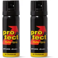 2 Stück Pfefferspray PROTECT Anti-Dog Direktstrahl (Weitstrahl) 50ml KO Spray Tierabwehrspray zur Selbstverteidigung Reizstoffspray in verschiedenen Sprühvarianten