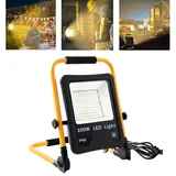 LZQ LED Baustrahler 100W Warmweiß Scheinwerfer inkl. Standgestell und Netzkabel, Arbeitsleuchte IP66 Wasserdicht Arbeitsscheinwerfer mit Stecker, Bauscheinwerfer für Werkstatt Baustelle Garage