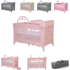 Lorelli Reisebett Noemi 2 Ebenen, Wickelauflage, Spielbogen, Tragetasche, Räder pink