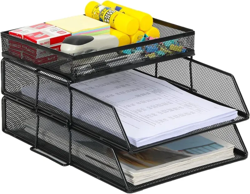 EasyPAG Senhoglb A4-Metallgitter-Briefablage mit 2 Fächern, stapelbar, Halter für das oberste Fach, schwarz, Neujahrsofferte, Top-Geschenkideen
