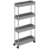 Songmics Rollwagen, mit 4 Ebenen, Küchenregal, Nischenregal, mit 6 Haken, 360° drehbare Räder, Stahlgestell, Bad, Küche, Büro, grau