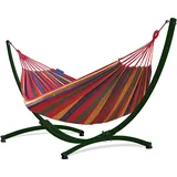 Potenza Outdoor Hängematte mit Gestell für 2 Personen I Baumwolle Doppelhängematte XXL 220x160, 200kg I Hängemattengestell 220kg, wetterfest (Rot, Gestell Grün)