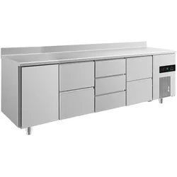 Kühltisch 1 Tür links je 2 Schubladen Mitte&rechts 3 Schubladen Mitte, Aufkantung, 2330x700x850mm -2/+8°C ISO 50mm