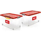 BigDean 2 Stück 60 L Aufbewahrungsbox mit Deckel groß rot - stapelbare robuste Box BPA-frei - rollbare Stapelbox mit festen Klickverschlüssen