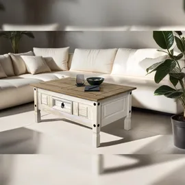 möbelliebling Couchtisch 100 x 60 cm mit Schublade Pinienholz weiß honigfarben lasiert MEXICO